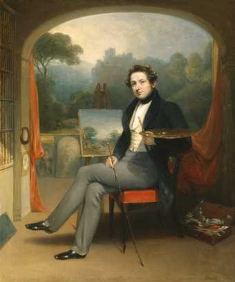 Self-portrait by the landscape painter George Arnald, depicted in his studio with his easel and palette, in front of a large romantic landscape painting