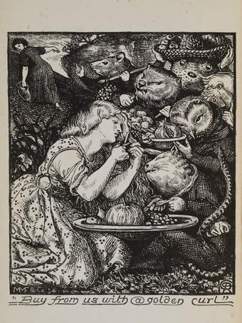 a black and white drawing of a women in a dress cutting her hair surrounded by animals offering her food, with another female walking off in the left-hand corner.