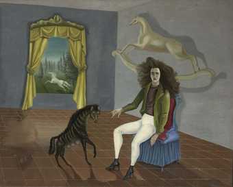 Painting of a woman sat on a chair in the middle of a room, a hyena-like animal at her feet, her arm outstretched as if to pet it, with a white rocking horse behind her seemingly leaping through the air towards the curtain-framed window in the background