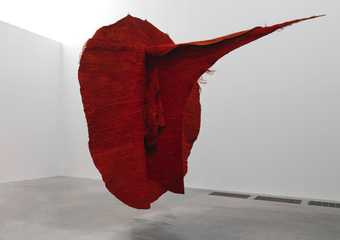 blood red sculpture suspended in gallery space