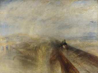 an oil painting of a steam train travelling across a bridge