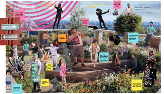 A colourful and chaotic collage of human and animal figures in a landscaped garden with city beyond, with text on coloured squares like sticky notes. On one side, road signs point in opposite directions, reading 'you do' and 'not belong'.